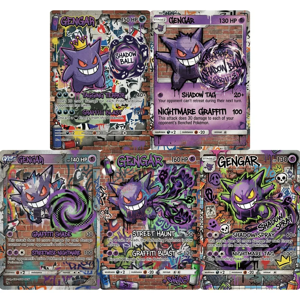 

Набор из 5 редких голографических карт Покемон Генгар в стиле уличного граффити, коллекционные карты PTCG, аниме-игра, английская версия, подарок