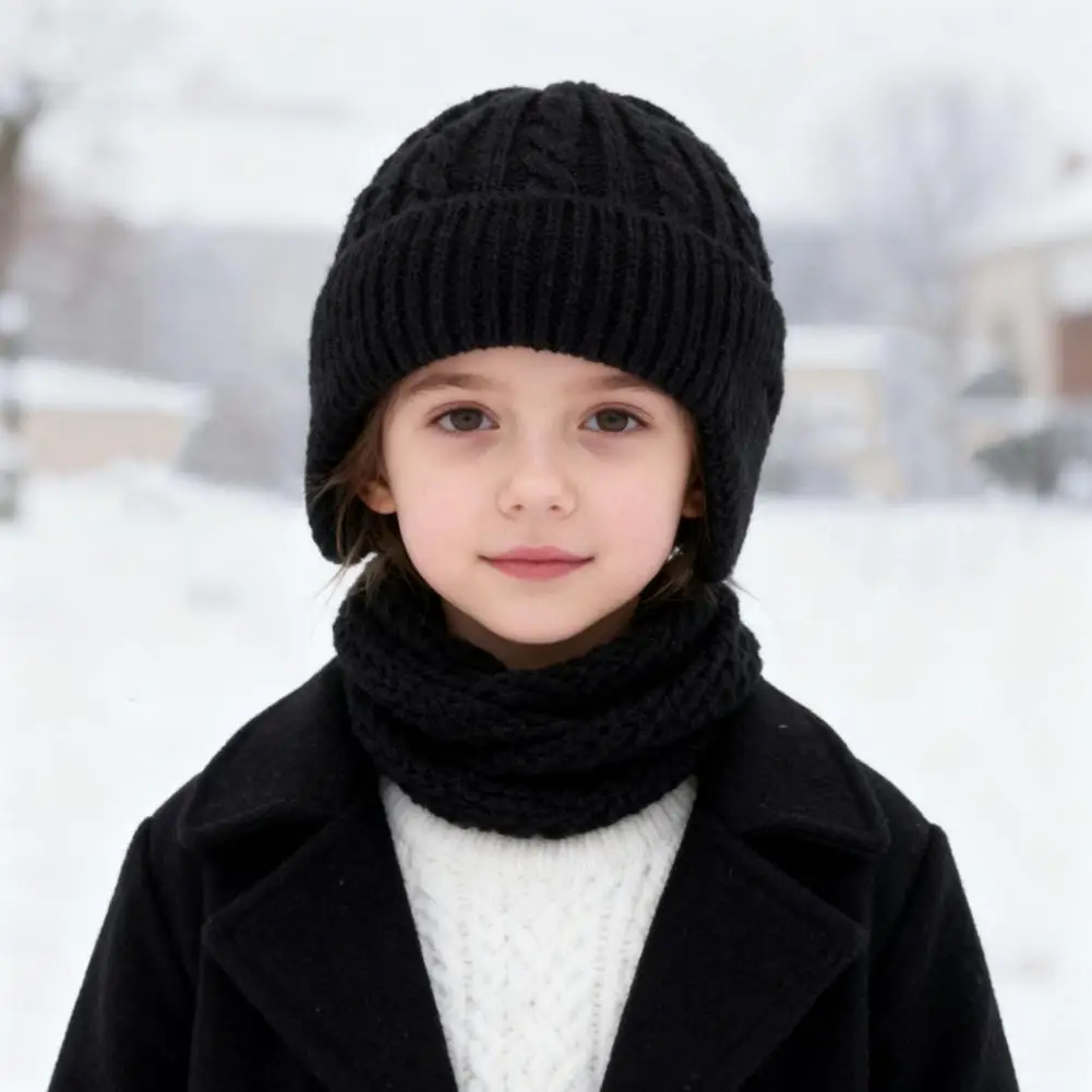 ชุดถุงมือผ้าพันคอหมวกฤดูหนาวสำหรับเด็ก 3 ชิ้น - ผิวสัมผัสบิดเกลียวสีสันสดใสพร้อมซับในผ้ากำมะหยี่หนา อุปกรณ์เสริมถักนิตติ้งที่ให้ความอบอุ่น
