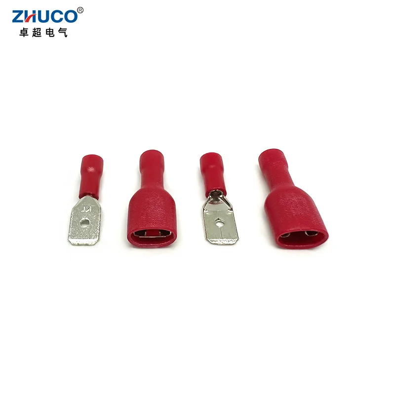 10Pairs FDFD1.25-250 MDD1.25-250 Female Male Faston Cable Brass Crimp Spade Terminal 6.35mm Red Insulated Wire Connector Plug