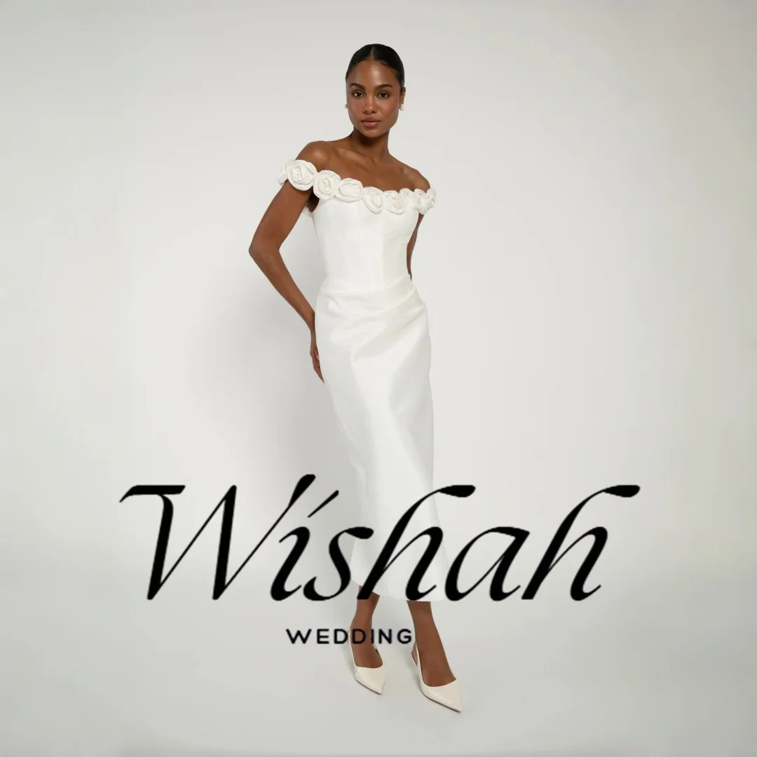 Wishah Customized Simple Off-the-shoulder White Wedding Dress Ankle Length Sleeveless Backless 3D Floral Bridal Gown