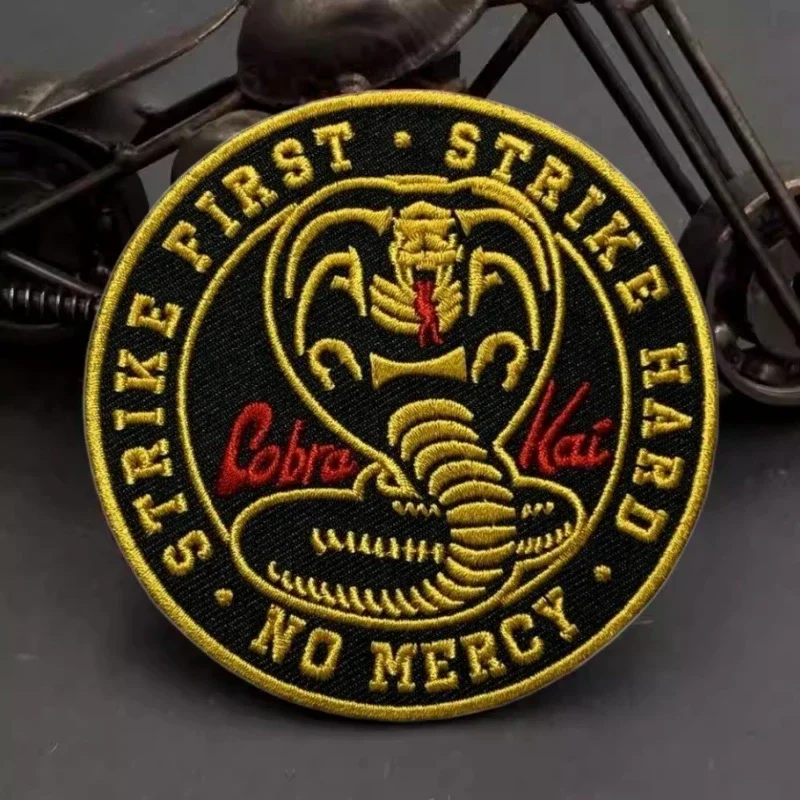 Cobra Kai Embroidery Patch Strike Hard No Mercy Hook and Loop Morale Badge Military Tactical Patches Backpack Emblem Sticker