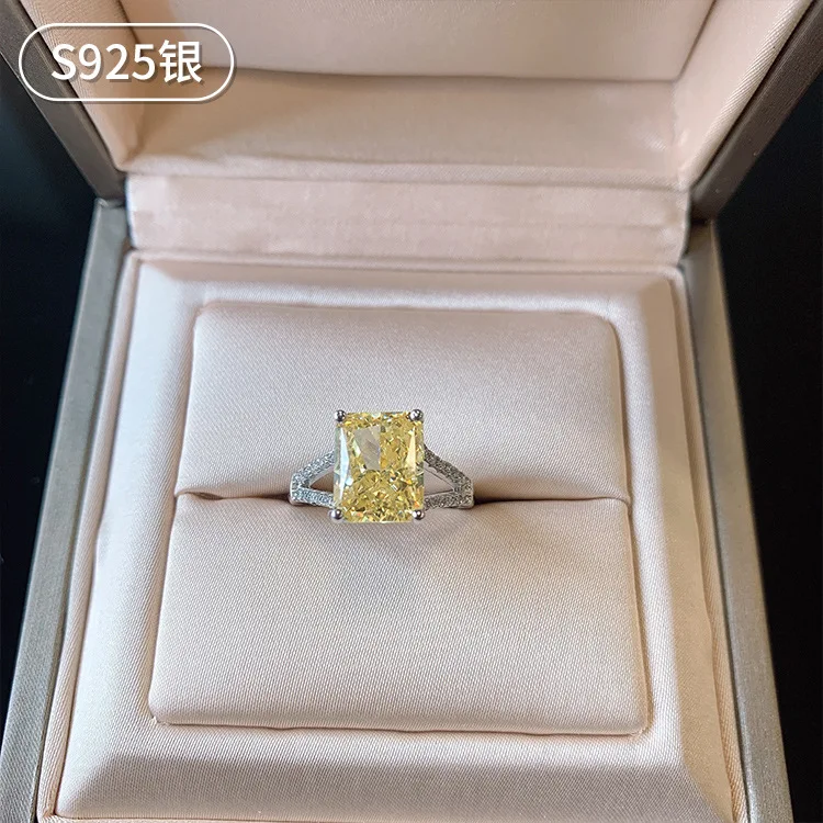 

S925 Full Body Silver Color Precious High Carbon Diamond Ring Female Radian Cutter Rectangular Main Stone Ring