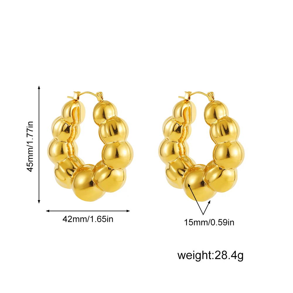 Vintage Punk Gold Plated Large Round Beaded Chunky Hoop Earrings for Women Lightweight Stainless Steel Hoops Statement Jewelry