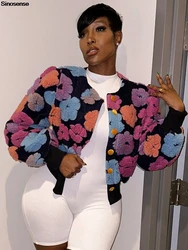 Women's Cropped Floral Print Jacket Long Sleeve Fleece Warm Bomber Jacket Lightweight Button Down Daily Wear Outerwear Coats