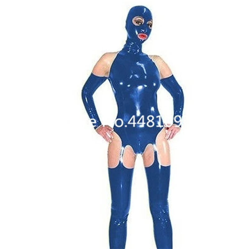 

Latex Rubber Bodysuits with Hoods Mask Blue and Transparent Jumpsuit Back Zip Sexy Costume Zentai Women Lingerie Set