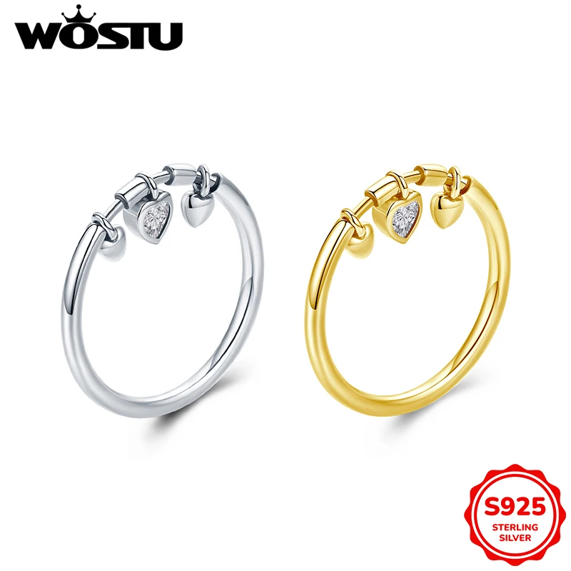 WOSTU 925 Sterling Silver 18K Gold Love Heart Charms Pendant Ring For Women Shiny AAA CZ Wedding Stackable Rings Girl Party Gift