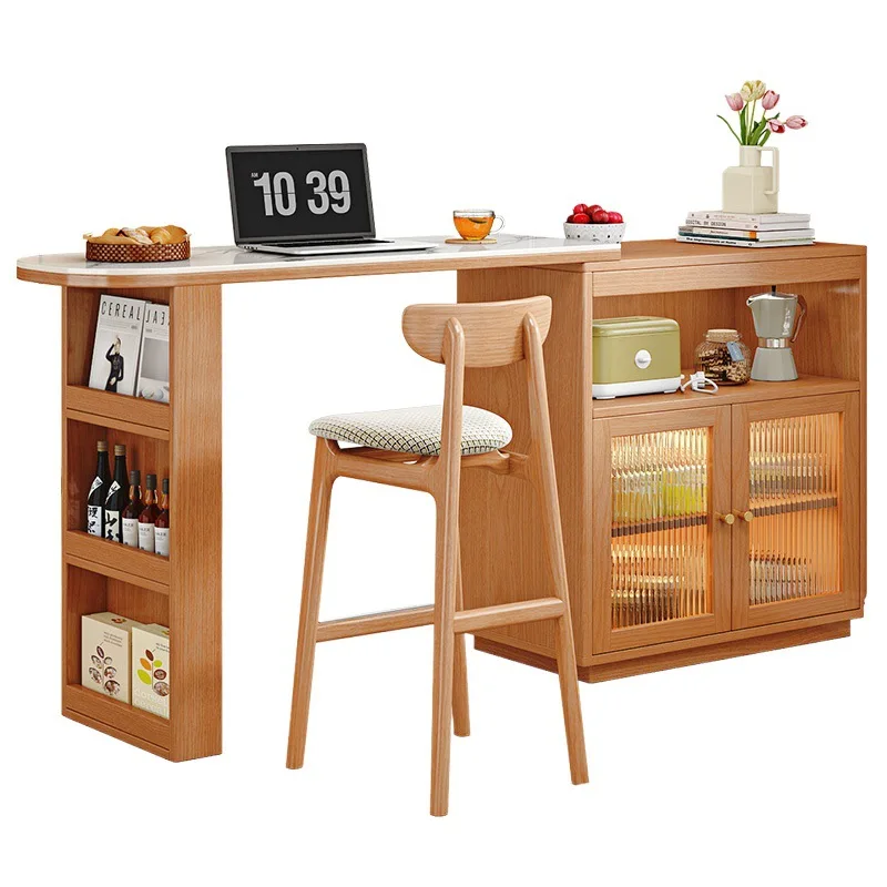 

All solid wood bar table Balcony Leisure bar counter Household small apartment Cherry wood color Retractable partition