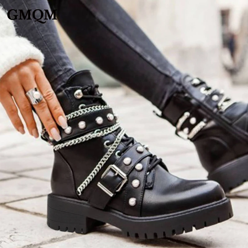 GMQM New 2023 Fashion Women\'s Ankle Boots Platform Round Toe Rivets Pearl Thick Sole Shoes Motorcycle Boots Punk Gothic Style