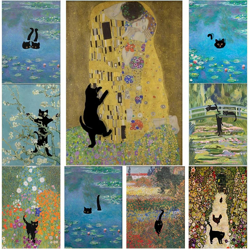 Famous Art Gustav Klimt Kiss Van Gogh Monet Waterlily Black Cat Posters Canvas Painting Funny Animal Wall Art Room Home Decor