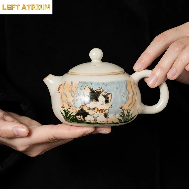 180ml Ru Kiln Cute Cat Xishi Teapot Tea Maker Tea Infuser Teapot Single Pot Ru Yao Teapot Opening Can Raise Kung Fu Tea Set