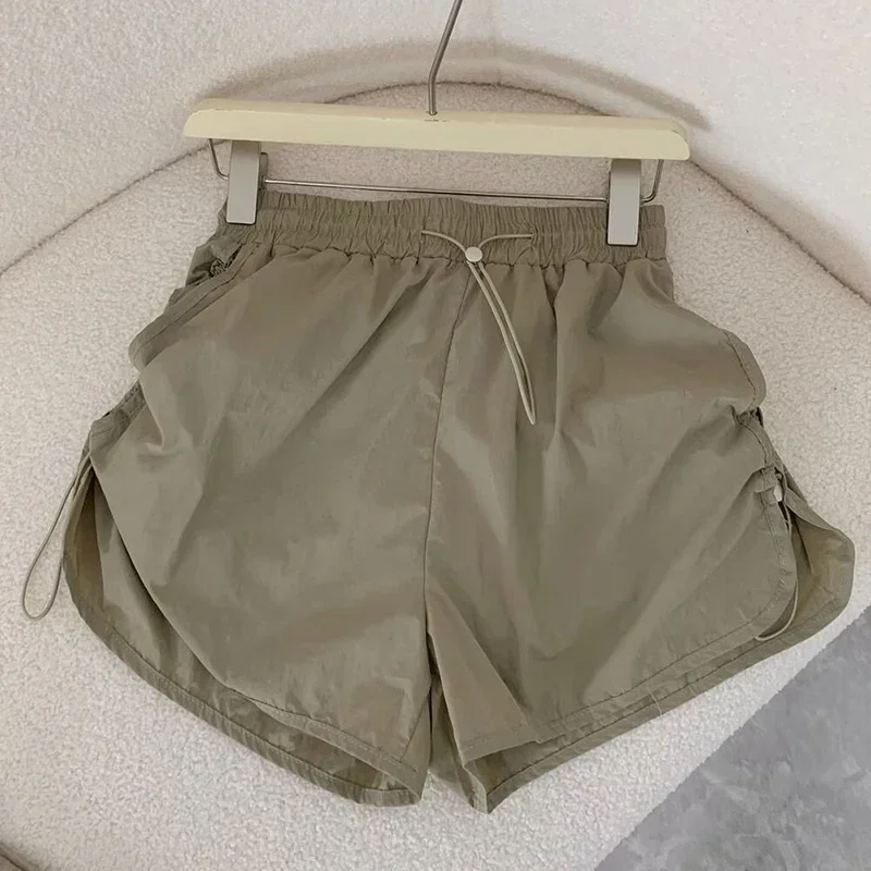 Y2K Drawstring Cargo Shorts Women Summer High Waist Loose Quick Drying Sports Shorts Female Solid Wide Leg Casual Short Pants