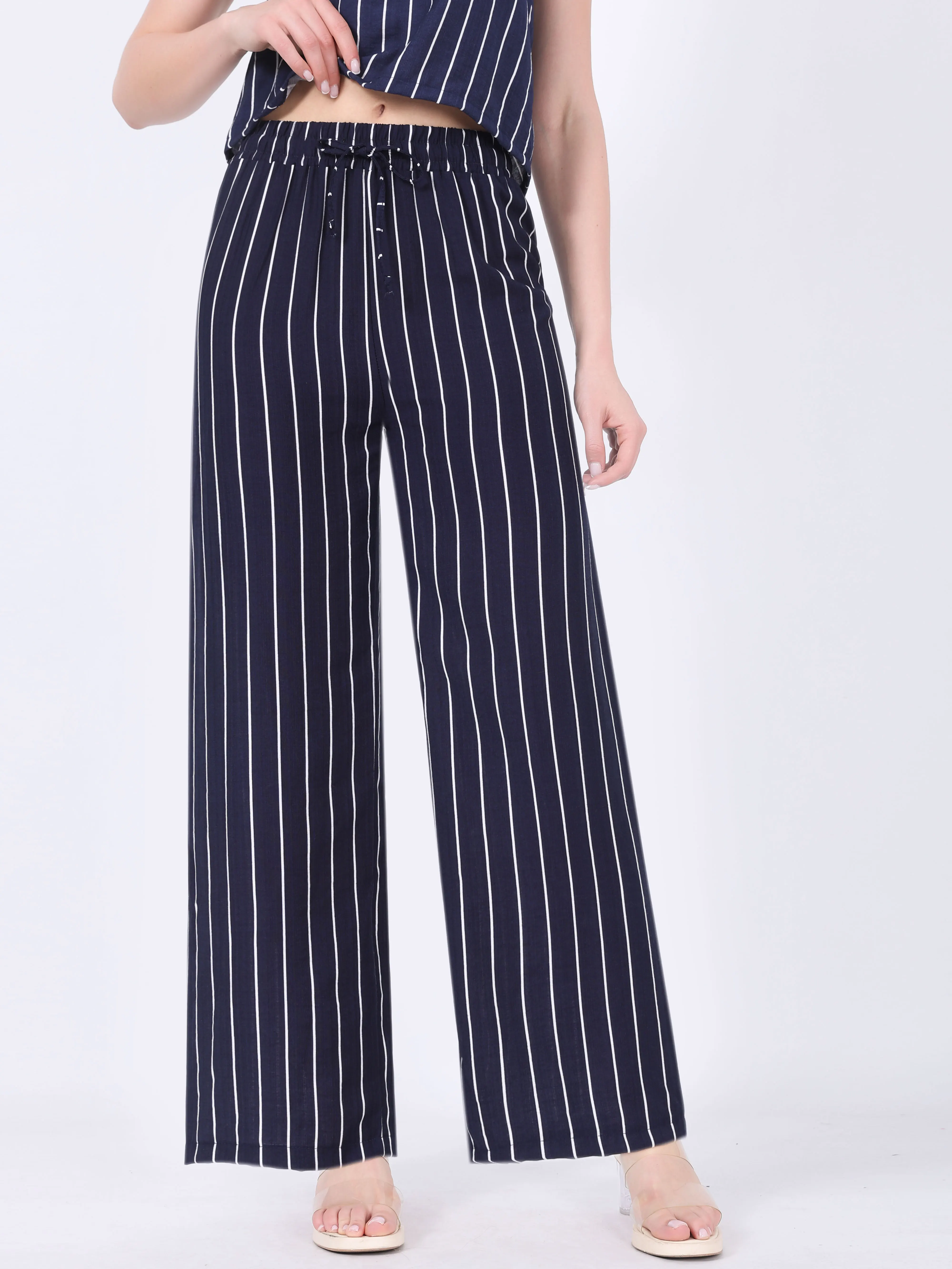 Gestreiftes zweiteiliges Outfit für Damen, ärmelloses Tanktop mit Knöpfen und elastische Hose mit weitem Bein und Kordelzug, lässiger Urlaubskostüm – Detail 8