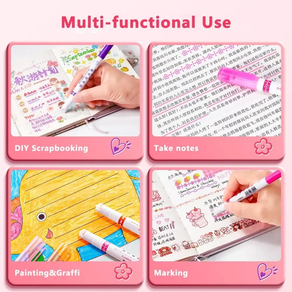 6pcs/set Kawaii Dual Tip Highlighter Pen Roller Tip Flower Line Shape Curve Liner Marker Decorative Graffiti Pen Students