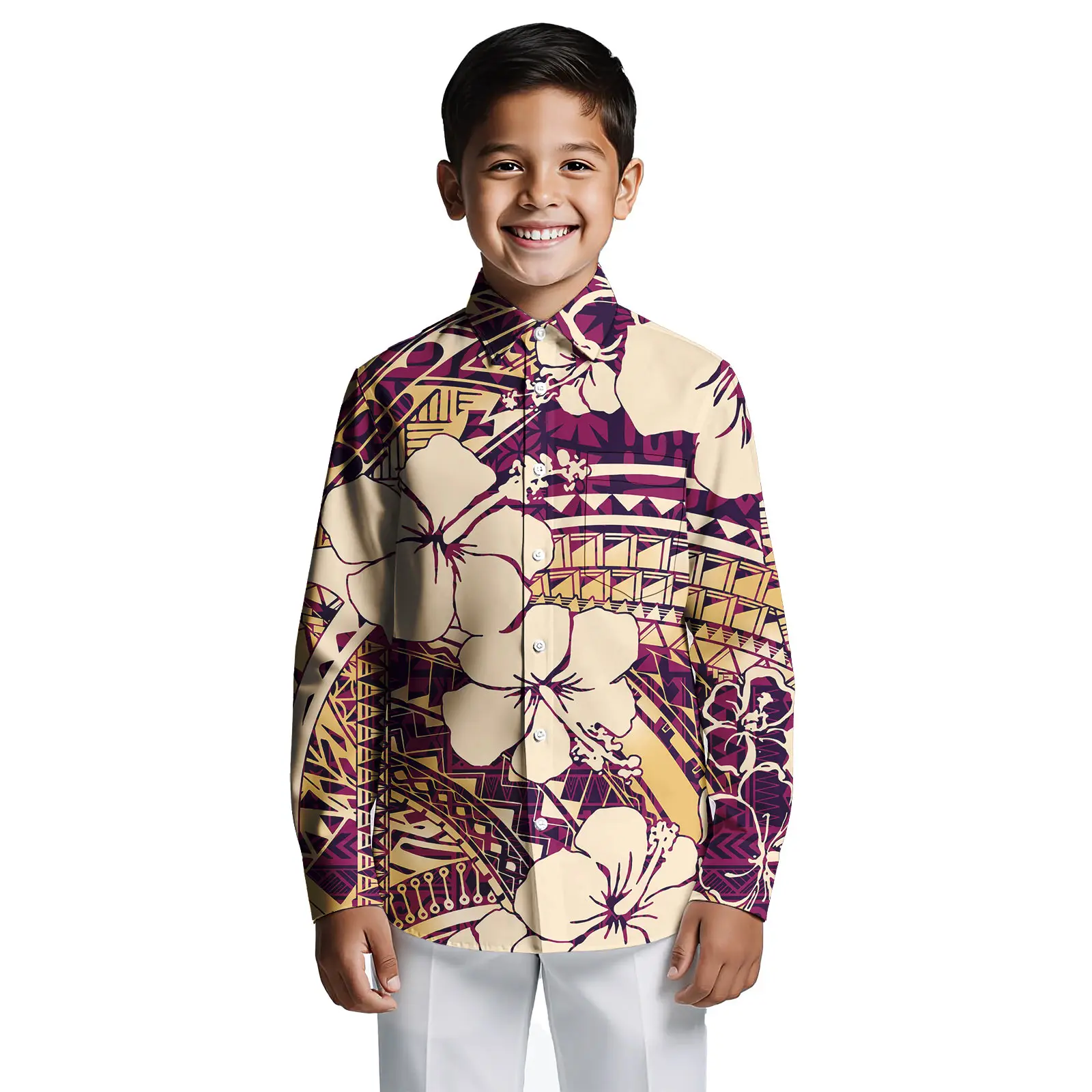 Island Styles Hawaiian Floral Kids Shirts Customized Logo Full Printing Children Polynesian Tribal Design Kids Shirts