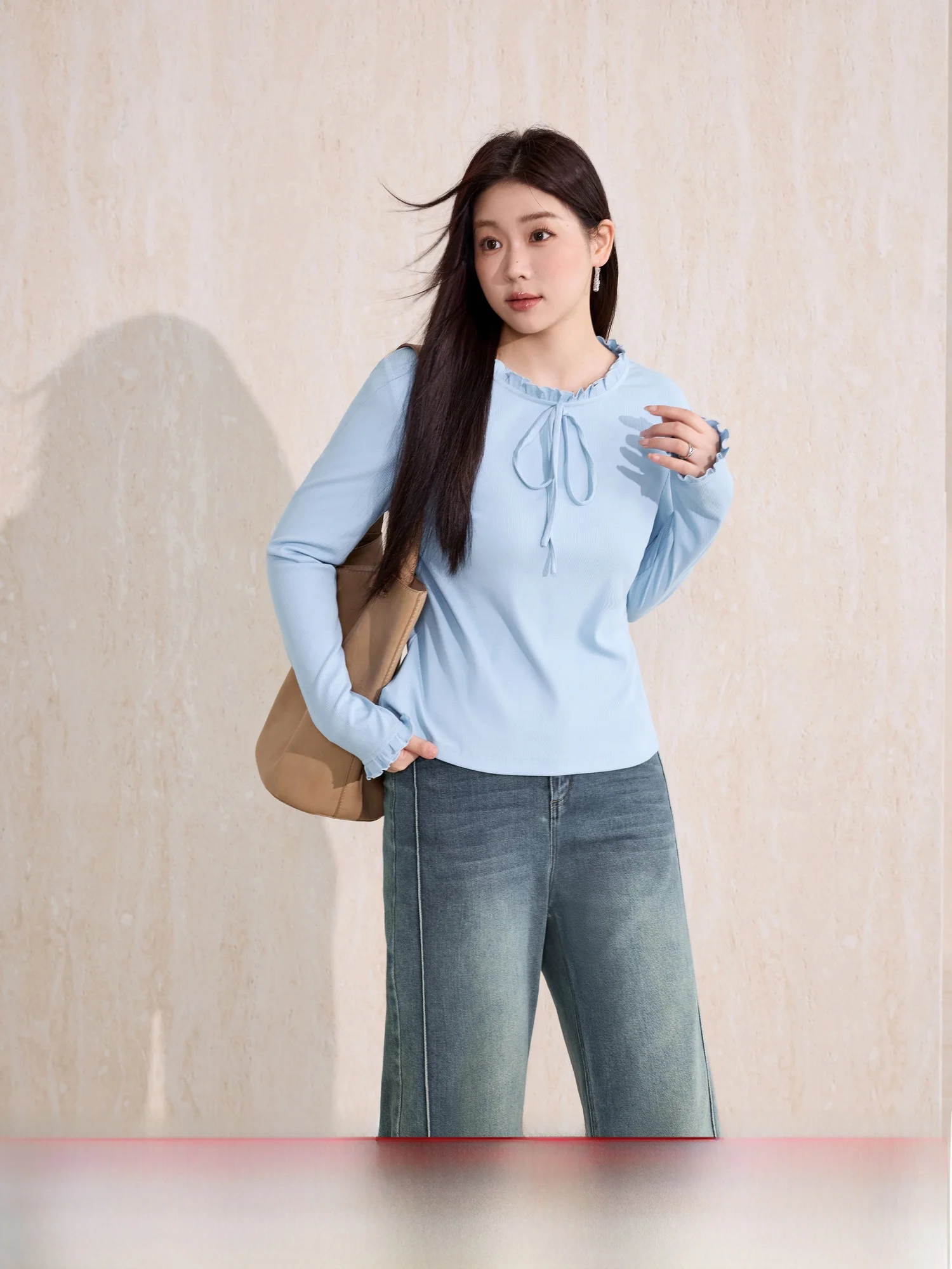 

Blue Belted Long Sve Base irt Women's Inner Wear Slimming Versatile Top with Wood ain Sve for plus Size Ladies