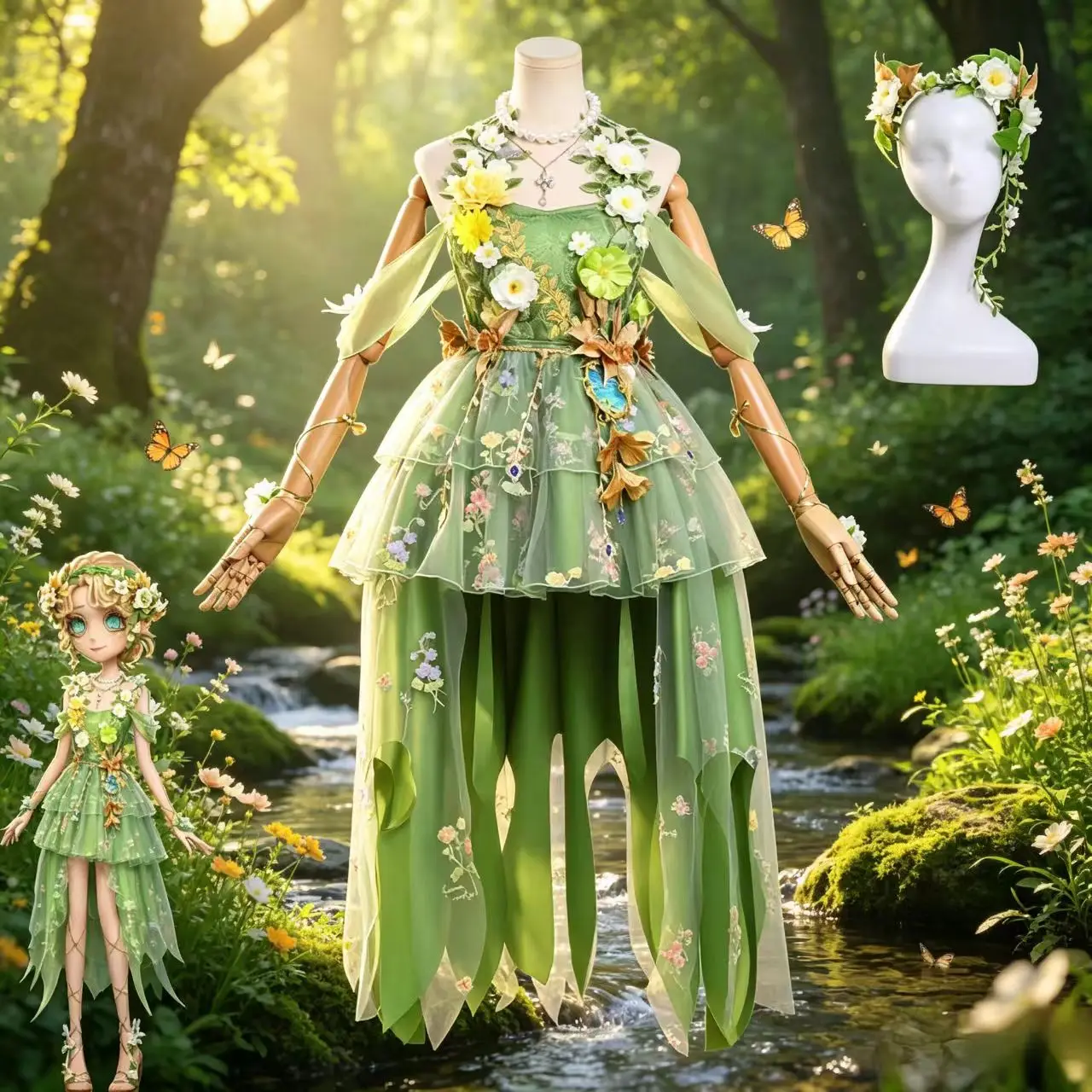 

Emma Woods Gardener Identity V Cosplay Costume Sweet Green Spring Outing Dress Headwear Necklace Halloween Carnival Uniform