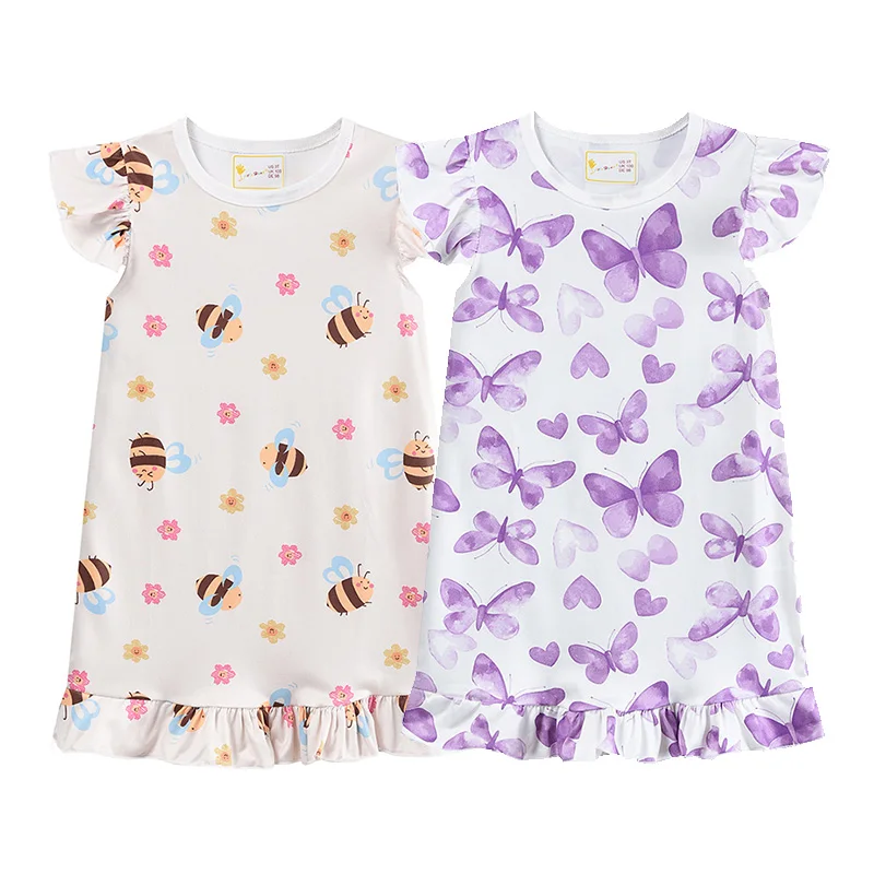 Little Hand Girls Short Sleeve Nightgown Ruffle Bee Butterfly Print Kids Sleep Dress Home Loungewear for 3-10 Years Old
