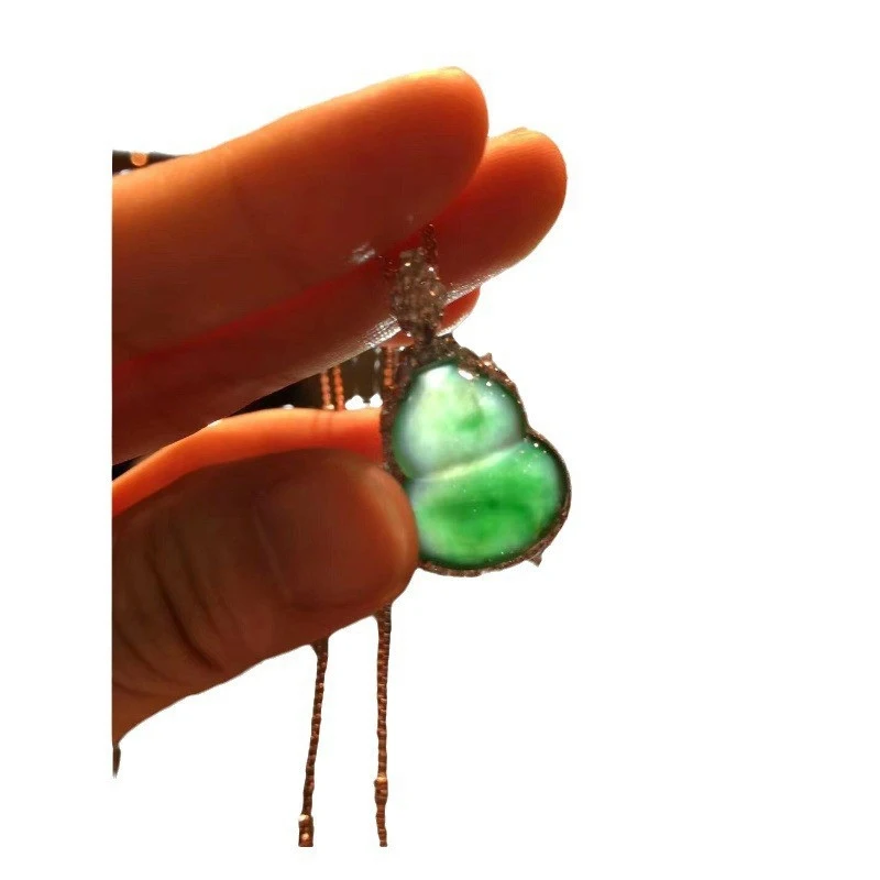 Ice , Natural Burmese with Floral Pattern, Bright Green Jadeite Gourd Pendant for Women, Inlaid, Fa