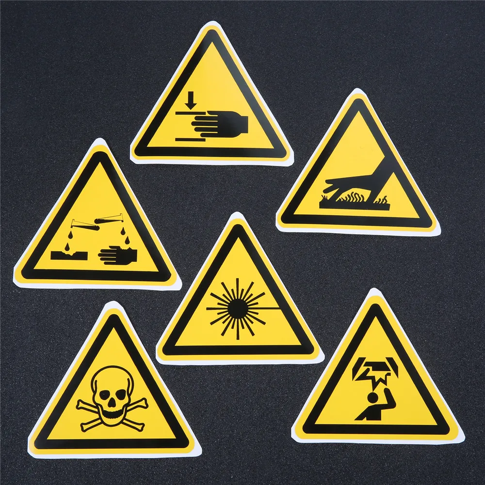 5pcs Triangle Warning Sign Sticker Alarm Logo Label Beware Hurting Heating Corrosion Poison Laser Bumping Adhesive 2.5/5/10cm