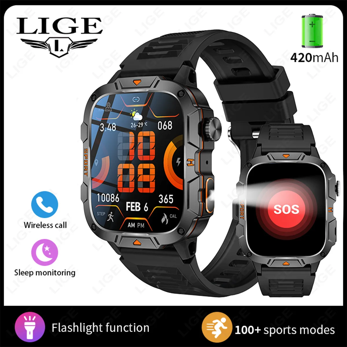 LIGE 2026 NEW Outdoor Sports Fitness Smartwatch For Men Bluetooth Calling Waterproof Watches Blood Oxygen Reloj Hombre