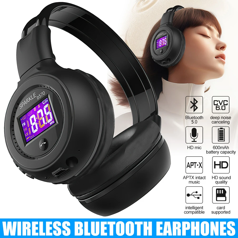 

B570 Wireless Bluetooth Headphones Noise Cancelling HIFI Stereo Headset Earphone with Microphone 3.5mm Audio Jack FM Radio LCD