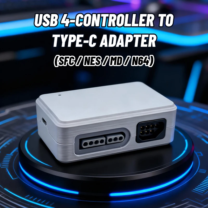 Adaptador de Interface USB 4-Controles SFC/NES/MD/N64 para Tipo-C com Carcaça Impressa em 3D e Interface de Controle de 7 Pinos