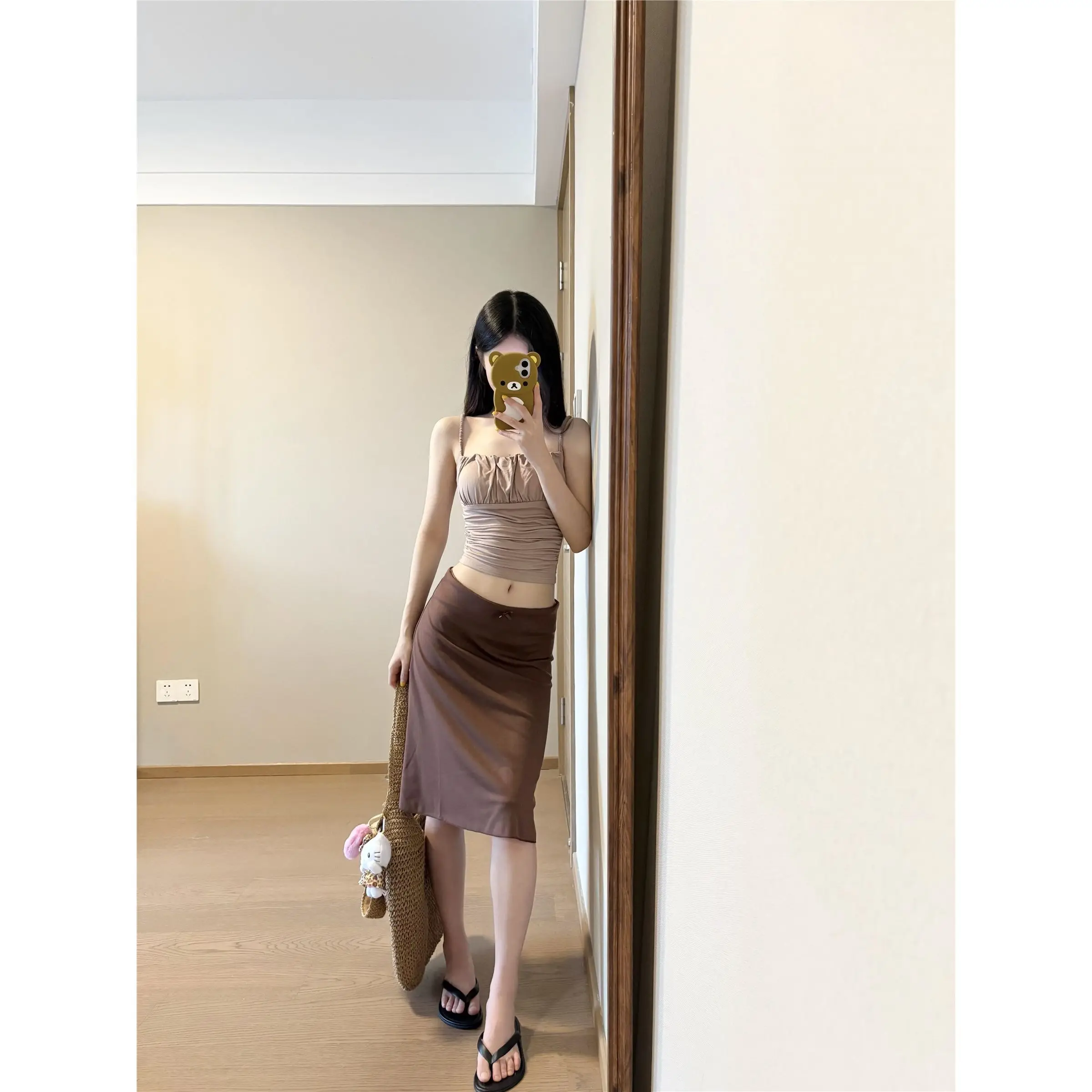 

Высококачественная американская ретро-юбка трапециевидной формы для женщин коричневого цвета, повседневная летняя дизайнерская юбка со средней талией, новинка для похудения...