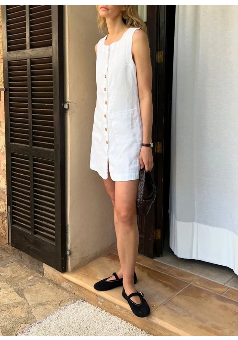 Original 100% Linen Summer Women Dress New French Square Neck  Single-Breasted White Dress Casual Vacation Short Dresses Vestidos -  AliExpress 200000345