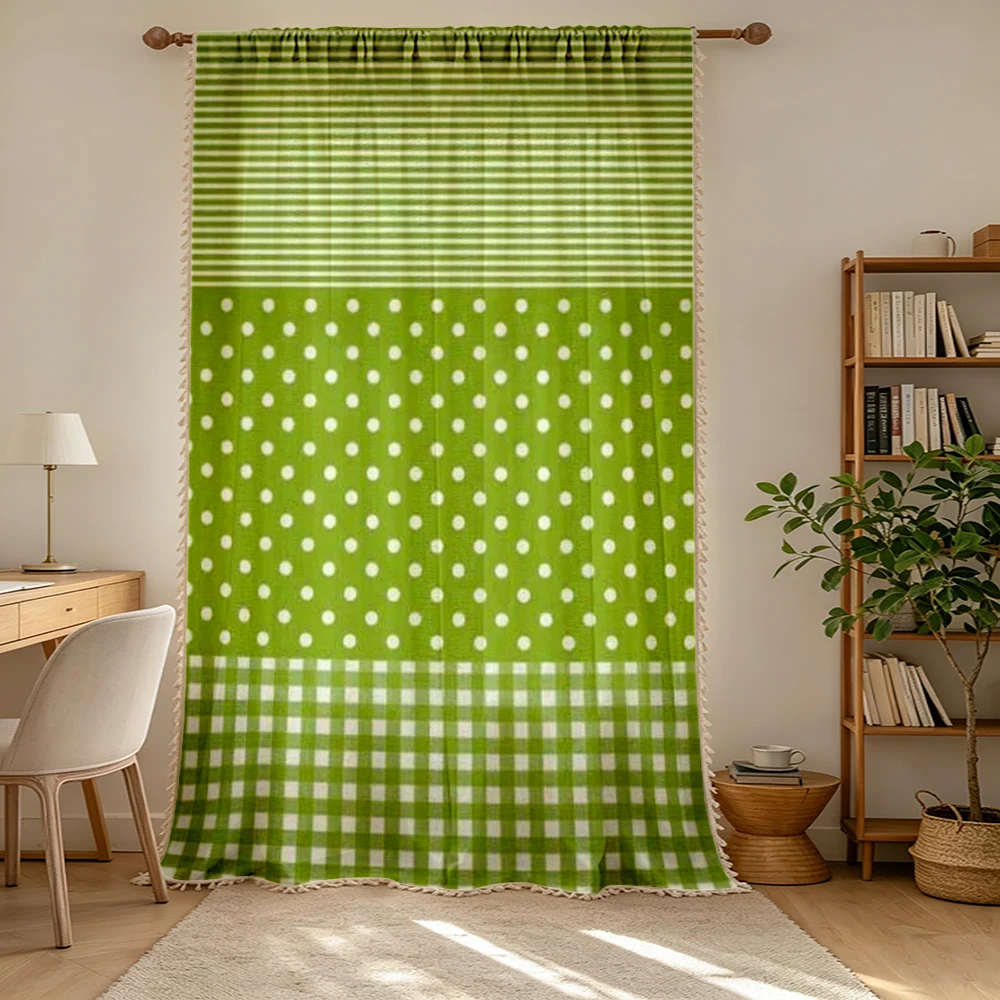 1PC Gingham Tassel Sheer Curtain, Green White Gingham Dot, Digital Print, Linen Polyester, Bedroom Living Room, Kitchen