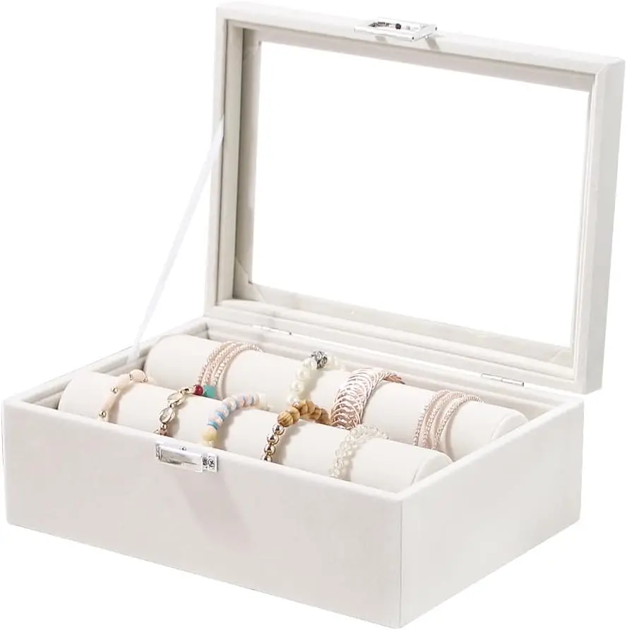 Bracelet Holder Organizer Box, Jewelry Storage Case with 2 Rods, Bangle Watch Display Tray for Women Girls (Beige)