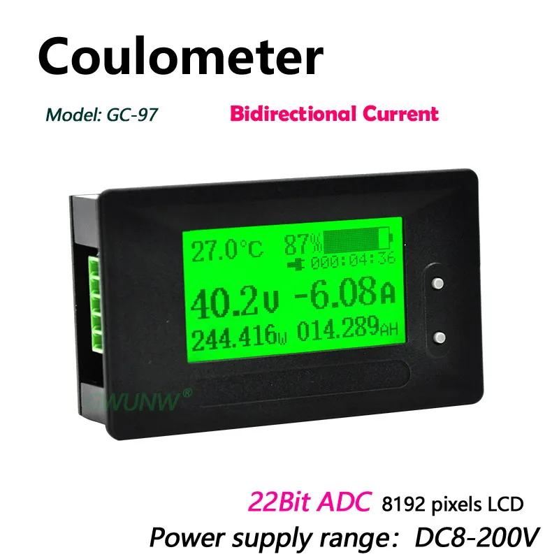 GWUNW GC97 200V Coulomb Meter Battery Capacity Indicator Coulometer Power Level Display Professional Lithium Battery Tester