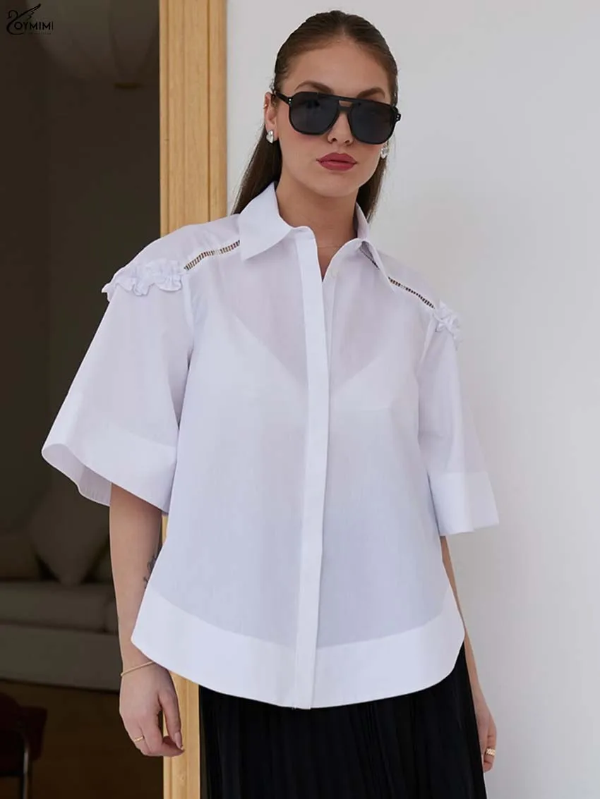 

Oymimi Fashion White Lace Women Shirts Autumn New Turn-Down Collar Wrist Sleeve Blouses Elegant Single Breasted Solid Shirts