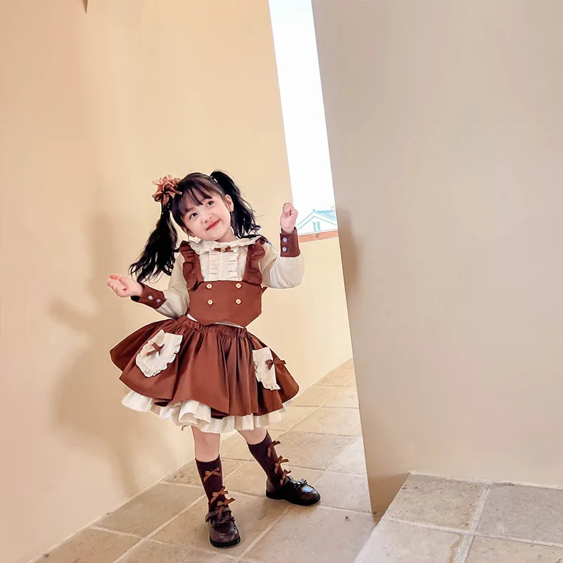 Fashion Autumn Kids Clothes Girls Plaid Preppy Style JK Children Suit Girls Sets Shirt + Pleats Skirt Suit Casual Girls Sets