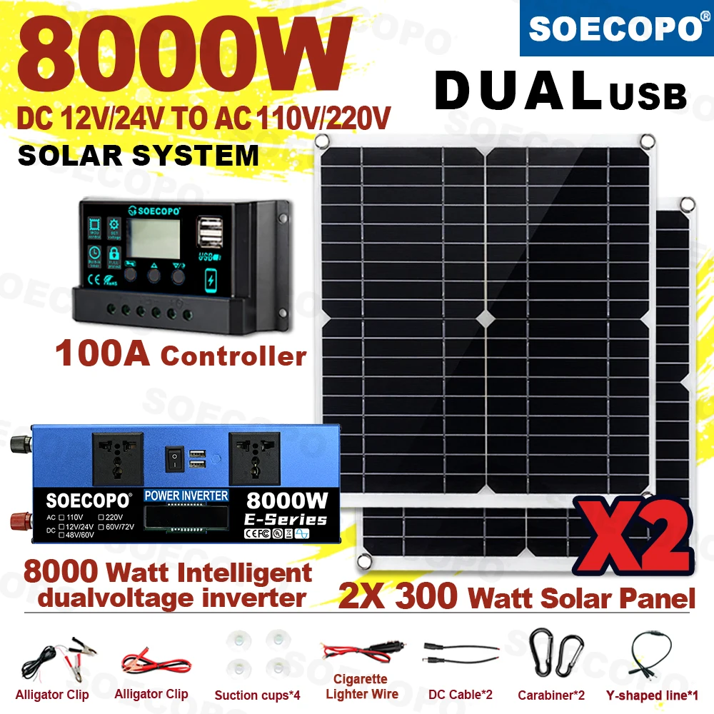 8000 W Solarsystem Komplettes Solarbatterie-Set Solar 300 Watt für Zuhause 220 V DC 12 V/24 V – AC 110 V/220 V Wechselrichter 2 * Solarmodule