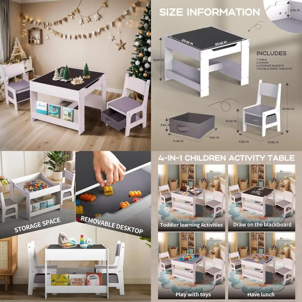 طقم طاولة وكرسي خشبي للأطفال الصغار 4 في 1 للأعمار من 3 إلى 7 سنوات مع مساحة تخزين ومكتب وكرسي متعدد الوظائف للأطفال