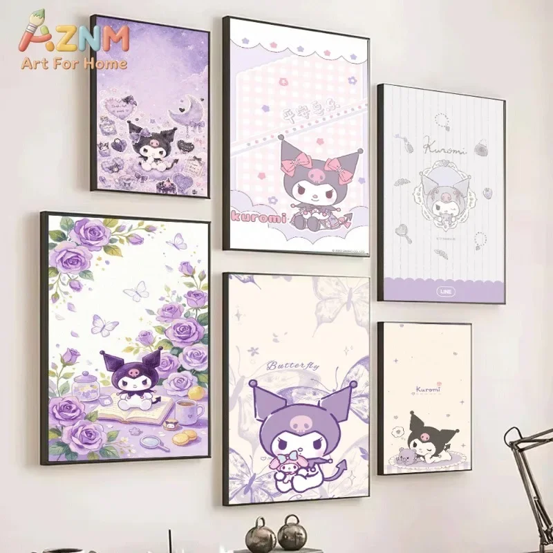 Sanrio Kuromi Dreamy Watercolor Moon Canvas Wall Art No Frame Cute Purple Devil Cartoon Rose Butterfly Print Girls Bedroom Decor
