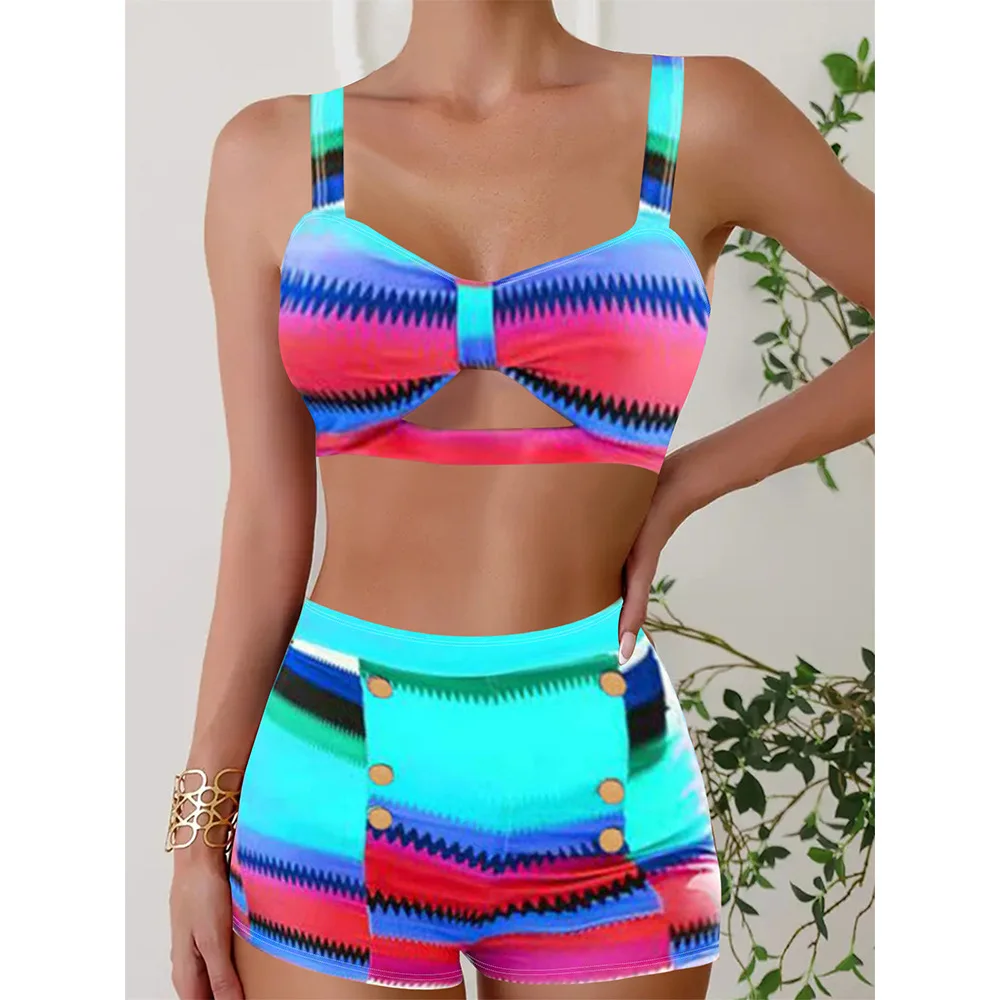 Women's Printed Bikini Set High Waist Square Leg Swimwear Summer Two Piece Shorts Set Holiday Beach Outfits Bathing Suit Clothes