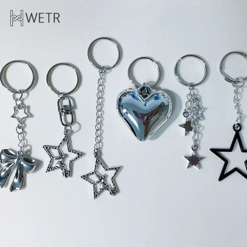 Y2K Silver Color Metal Keyring Korean Harajuku Bow Heart Star Keychain Car Key Holder Fashion Bag Pendant Purse Charm