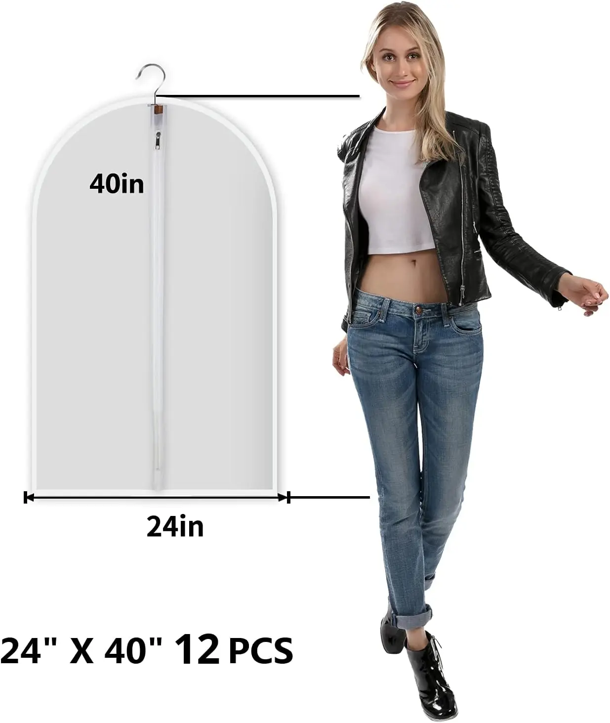 12 Pack Garment Bags for Hanging Clothes, 24x40 Translucent PEVA Suit and Dress Covers with Full Zipper