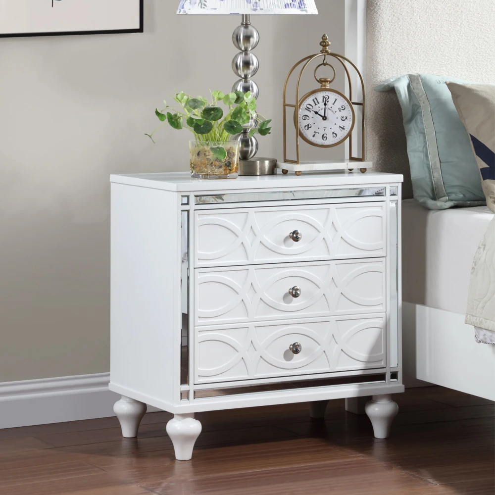 Contemporary Nightstand with Mirror Frame Accents Bedside Table with Drawers End Table with Crystal Pull for Living Room Bedroom