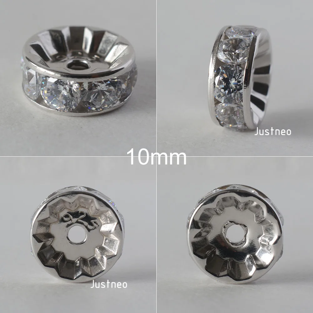 925 Sterling Silver CZ Rondelle Spacer Beads, Silver Clear Cubic Zirconia Loose Beads for DIY Craft Jewelry Making