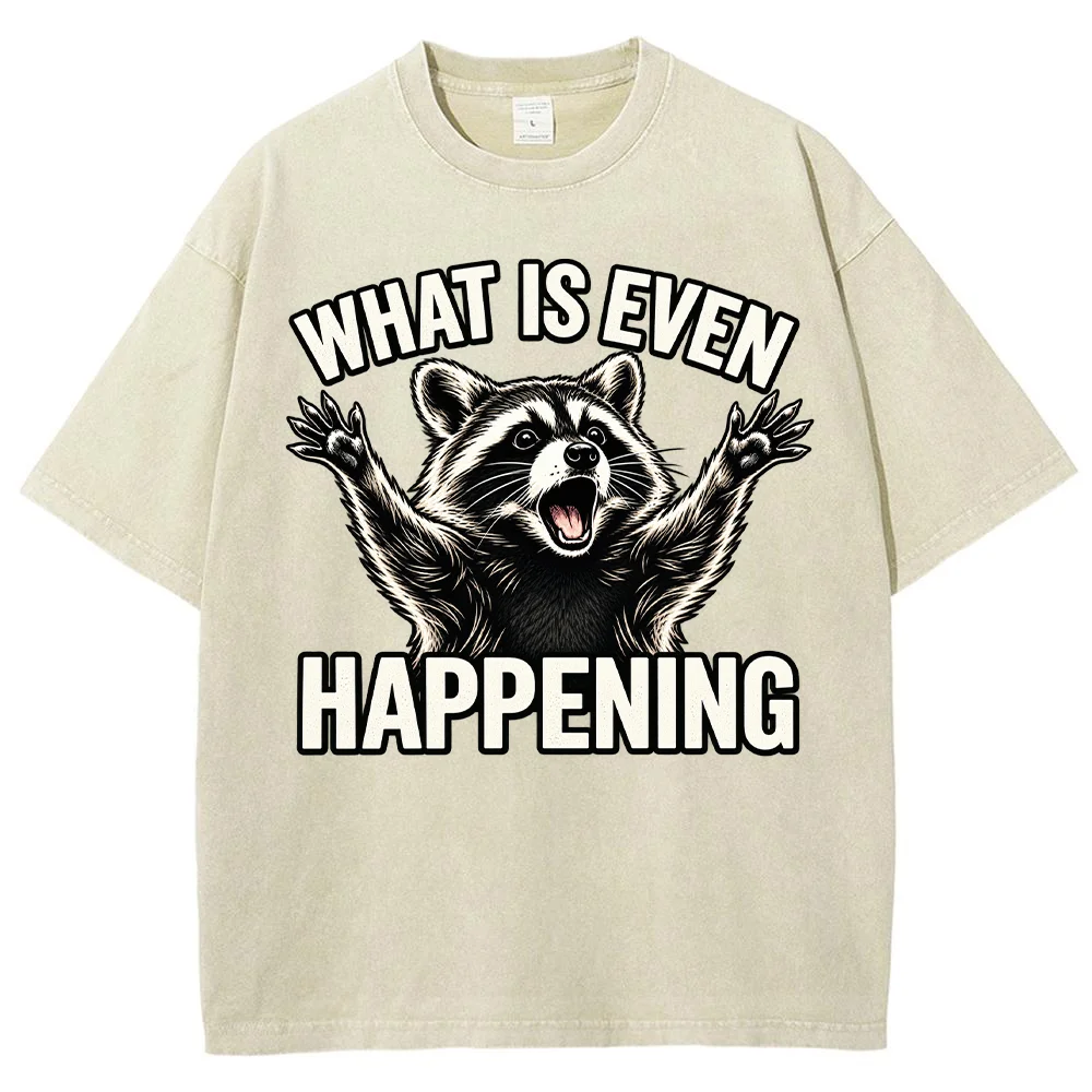 Men T Shirt What Is Even Happening Funny Raccoon Print Short Sleeve Cotton Oversized Casual Loose Tee Tops Male Clothing