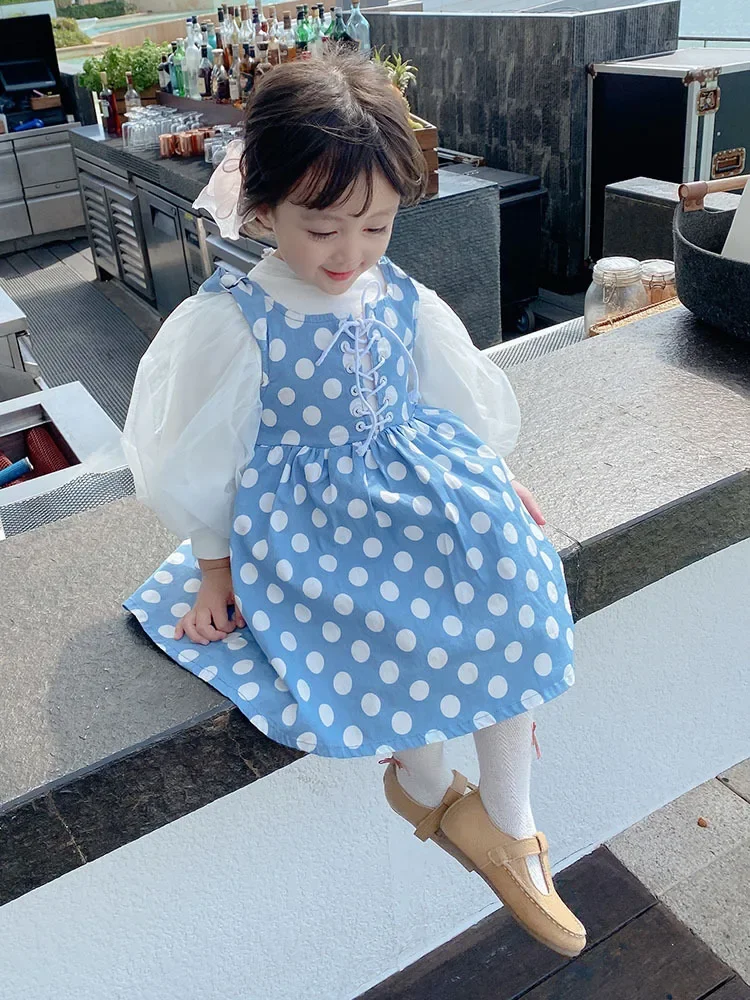 

Girls Clothes Suit Spring New Korean Style Polka Dot Suspender Skirt Princess Puffed Sleeve T-shirt Childrens Two-piece Set