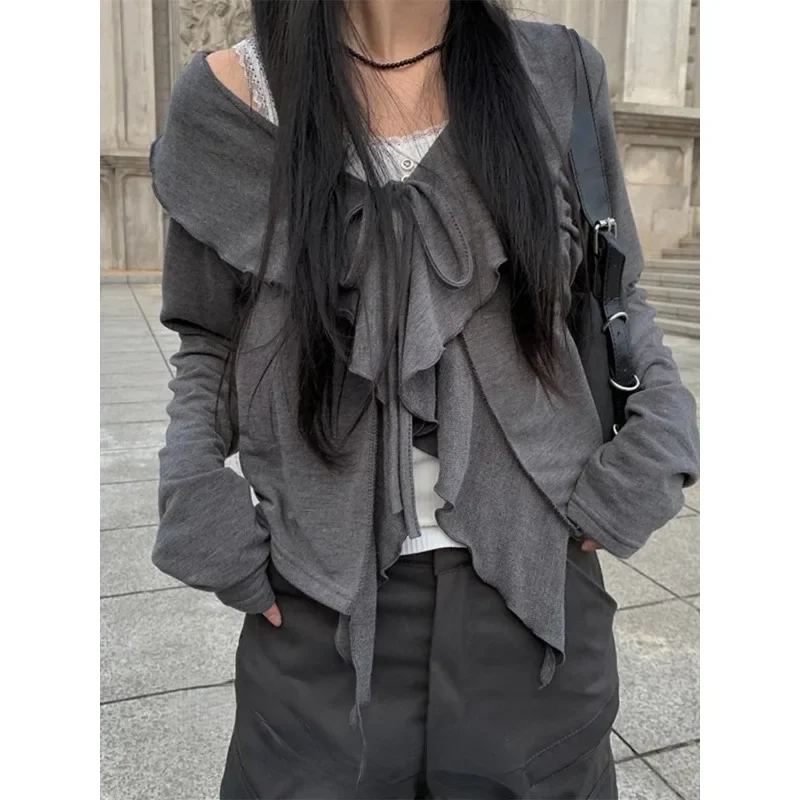 Korean Ruffled V-neck Casual Gray Long-sleeved T-shirt Women 2024 Autumn New High Street Lace-up Sexy Irregular Tops