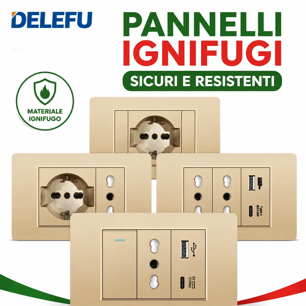 DELEFU Gold PC Panel Italy Chile USB TypeC Fast Charging Socket Schuko Smart Switch Sat TV Tel Doorbell Curtain Chile