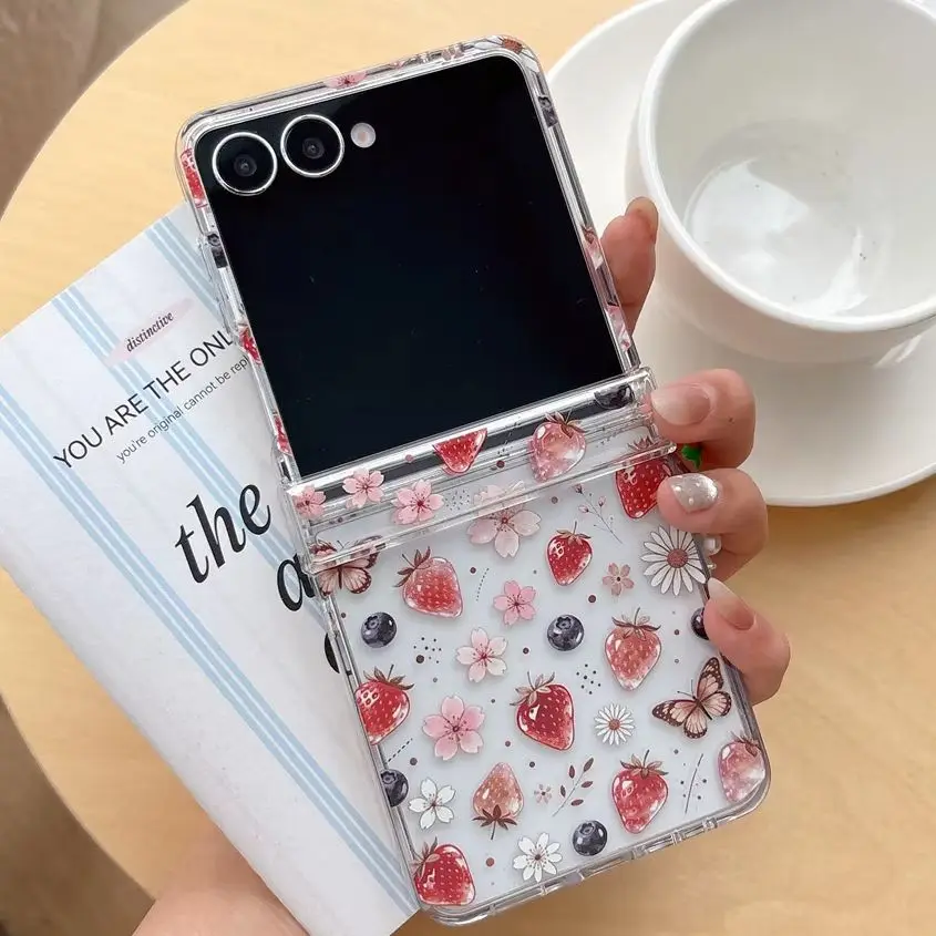 Cottagecore Fresh Sweet Berry Flower Printed Phone Case for Samsung Galaxy Z Flip 8-3 Cute Red Star Bead Strap Protective Cover