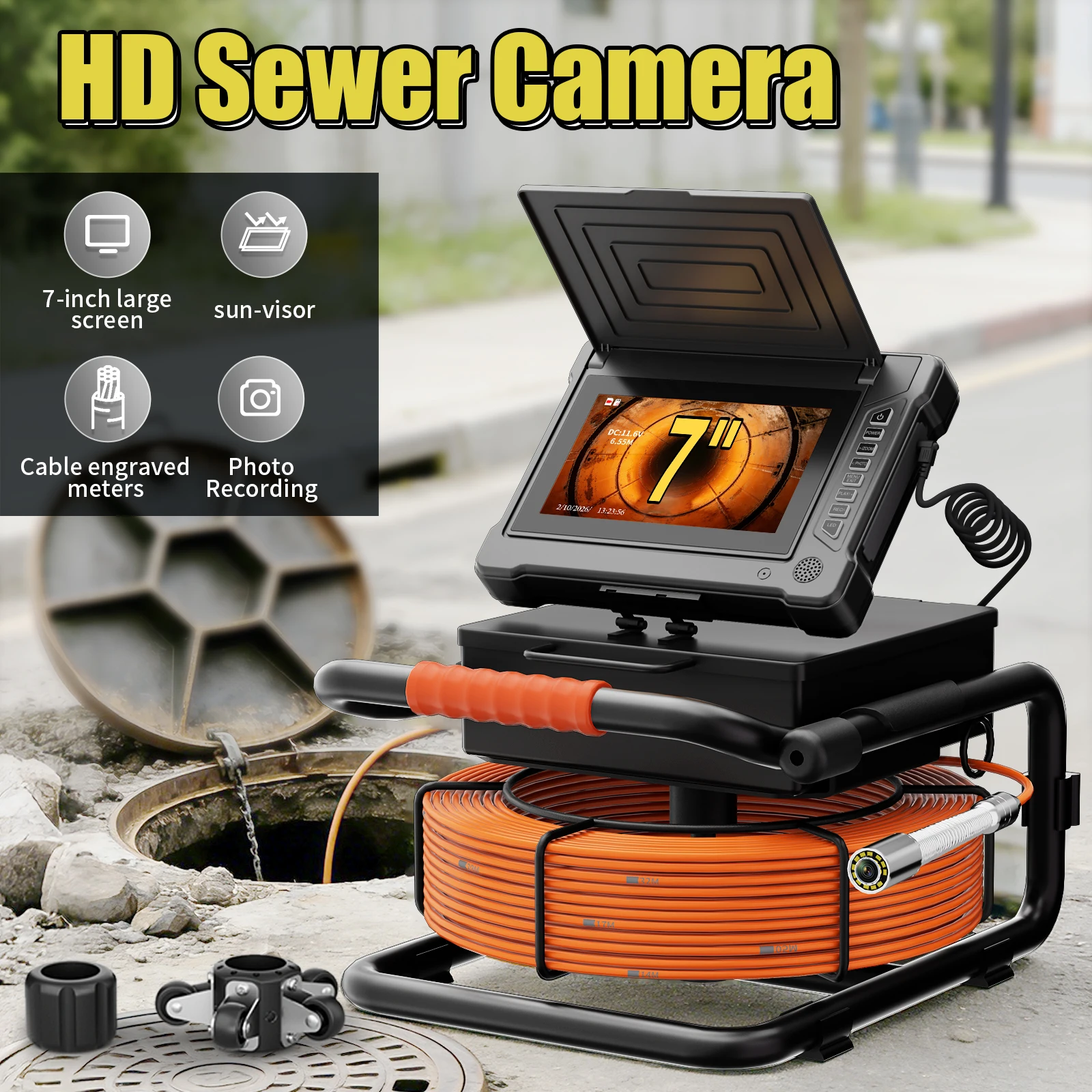 7'' Sewer Inspection Camera 1080P AHD 512Hz Self-Leveling Sewer Drain Industrial Endoscope Camera with 12Pcs Leds 32GB,20/30/50