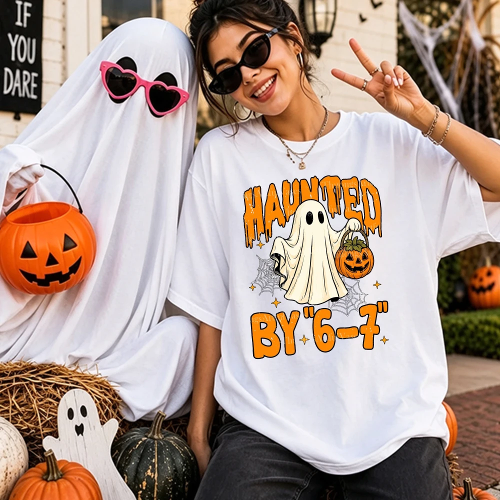 Haunted By 6-7 Halloween T Shirt Men Women Couple Matching Family Ghost Pumpkin Graphic Tees Cotton Short Sleeve Outfit