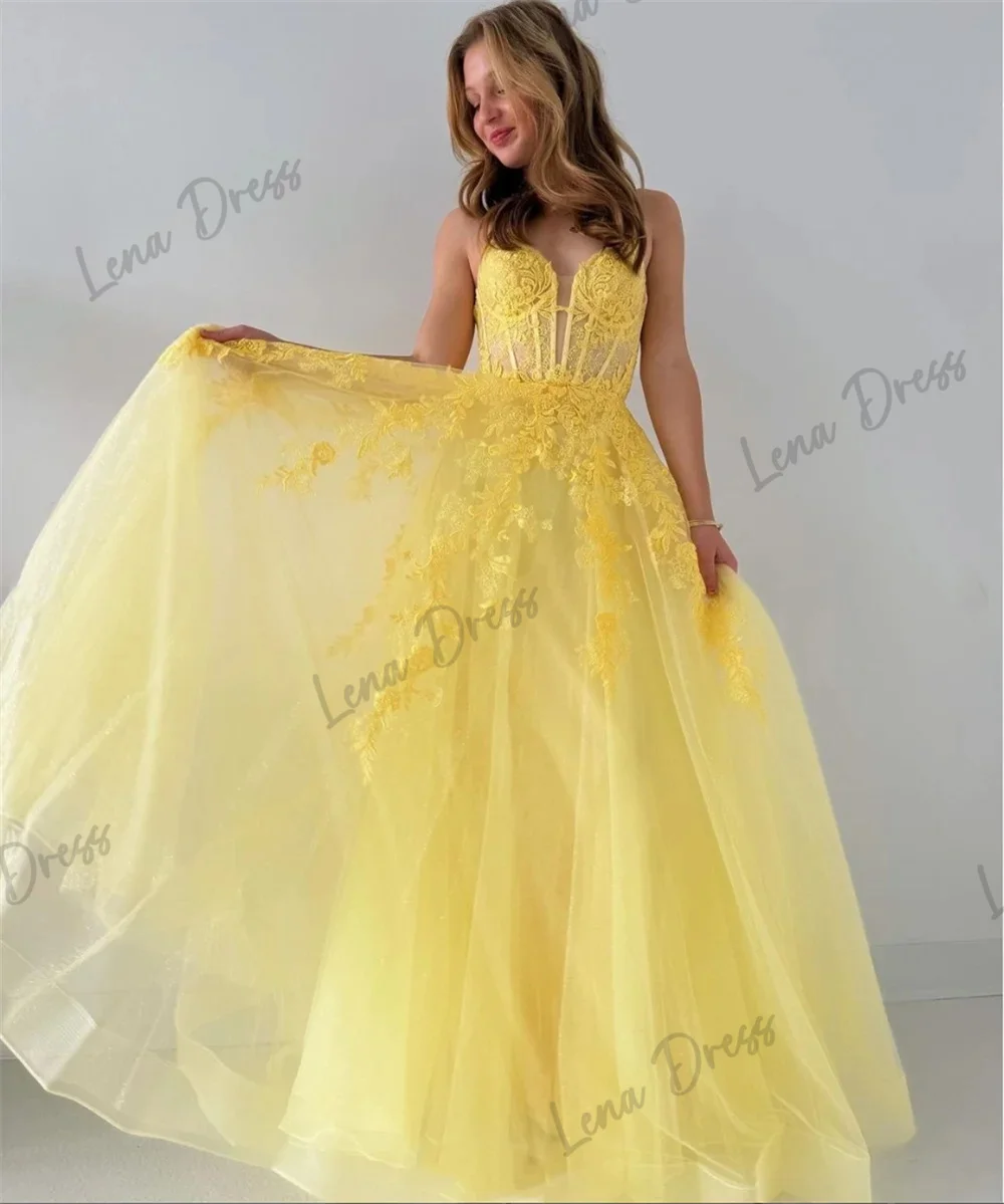 Lena-Yellow lace decal ball dress, sheer A-line evening dress, elegant fluffy sleeves, thin shoulder straps, formal banquet