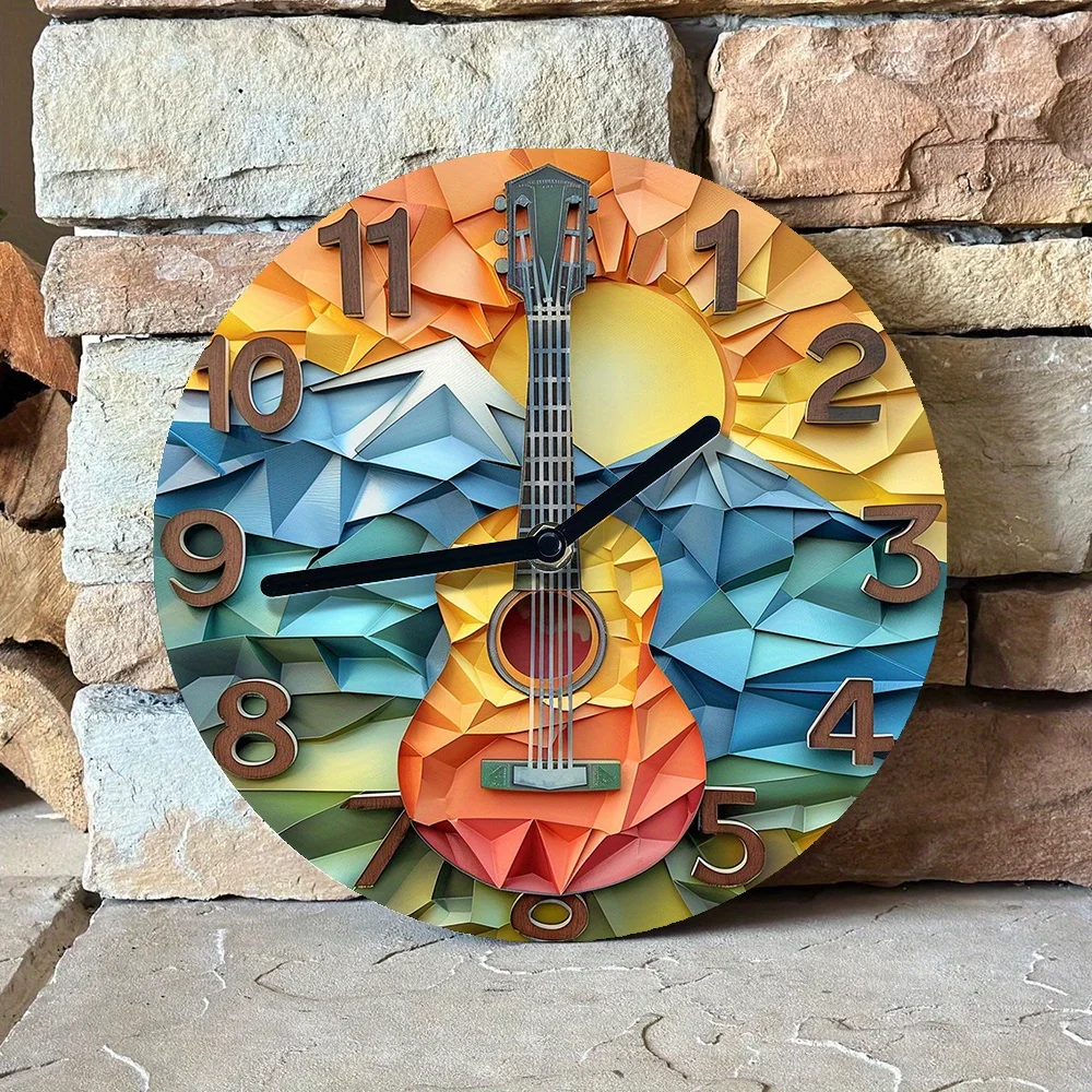 Clock with 3D Guitar Design DIY Kit with High-Definition 2D Print, Decorative Clock Movement for Living Room, Father's Day Gift